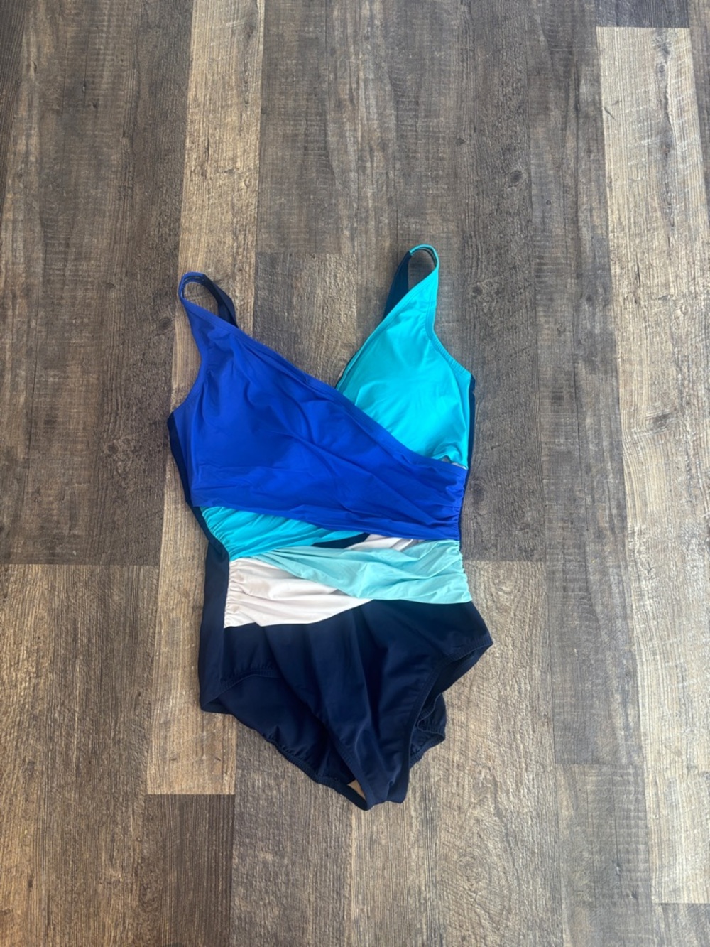 Lands' End Blue Teal Navy Colorblock One-Piece Swimsuit